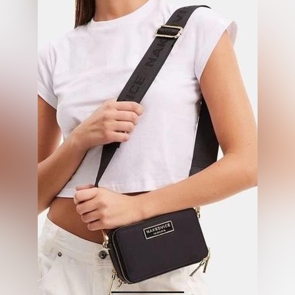 Nakedvice Melbourne Vinyl Black Crossbody Bag with Detachable Logo Belt .